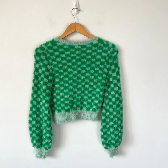 Zara Check Fuzzy Soft Cropped Sweater Green Sz  Medium - Picture 6 of 8